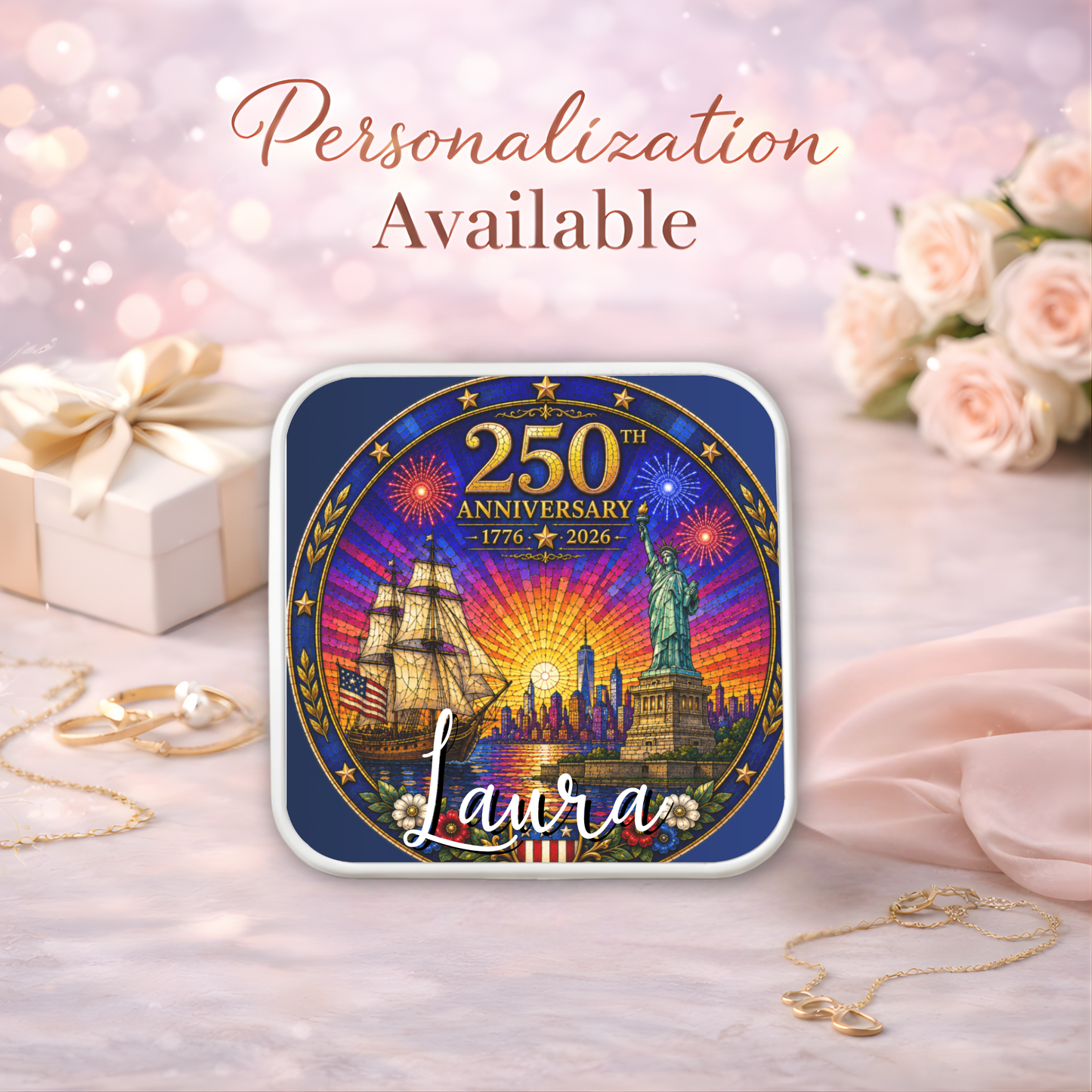 250th Anniversary Necklace or Keychain Stained Glass Style Statue of Liberty Ship NYC Commemorative Limited Edition