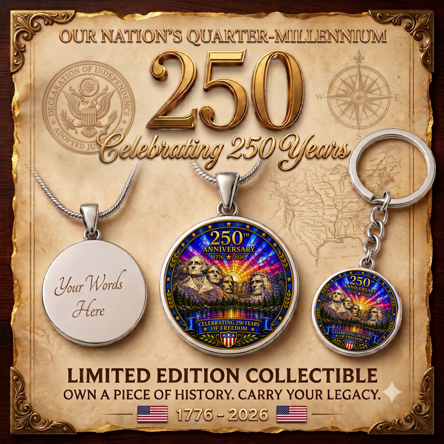 Mount Rushmore 250th Anniversary Necklace or Keychain Stained Glass Style Patriotic USA Commemorative Limited Edition