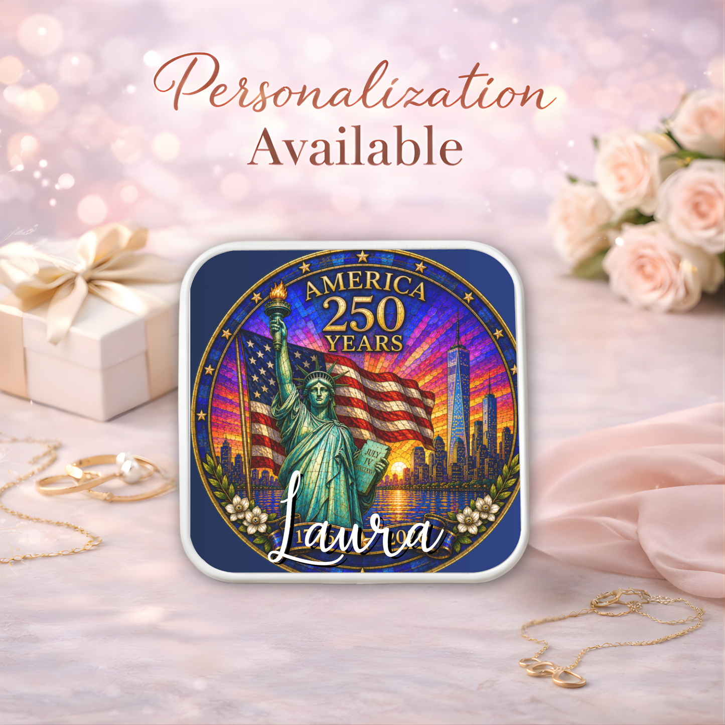 America 250 Years Necklace or Keychain Stained Glass Style Statue of Liberty NYC Commemorative Limited Edition