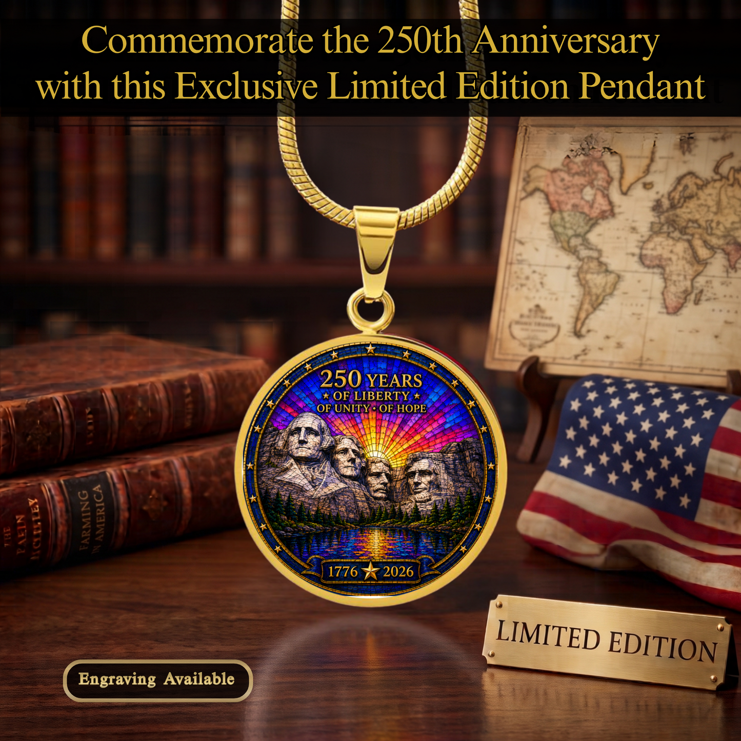 Mount Rushmore Necklace or Keychain Stained Glass Style USA Commemorative 250 Years of Liberty Limited Edition Keepsake