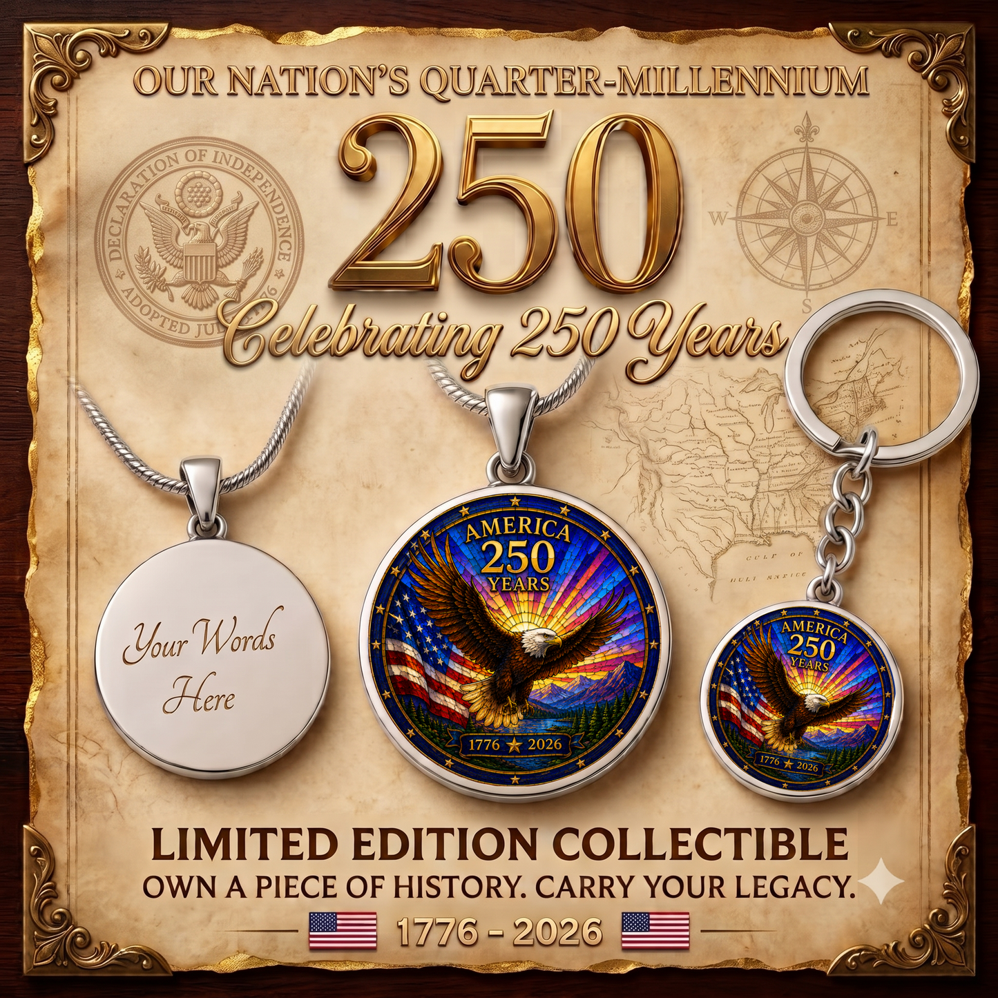 America 250 Years Necklace or Keychain Stained Glass Style USA Commemorative Limited Edition Patriotic Keepsake