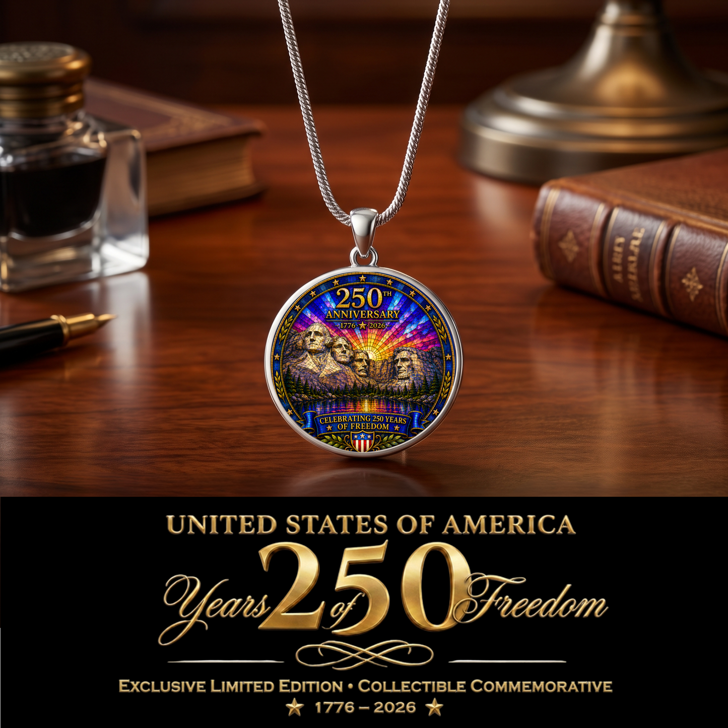 Mount Rushmore 250th Anniversary Necklace or Keychain Stained Glass Style Patriotic USA Commemorative Limited Edition