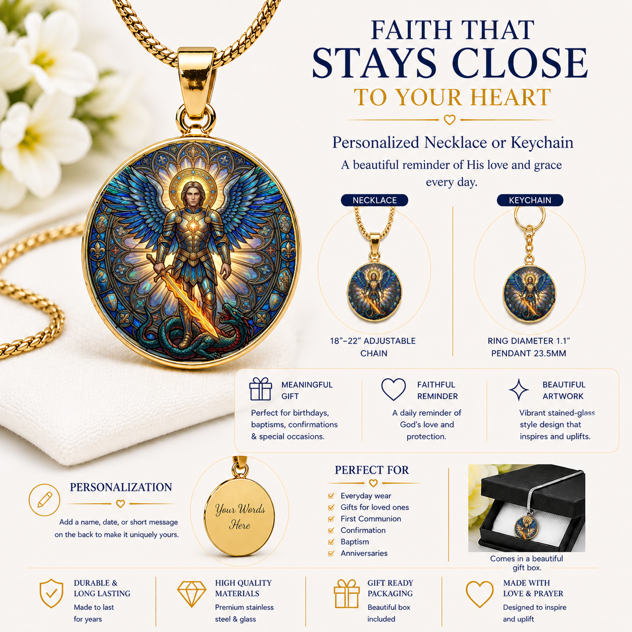 Archangel Michael Necklace or Keychain, Saint Michael Catholic Necklace, Protection Jewelry, Religious Keepsake Gift