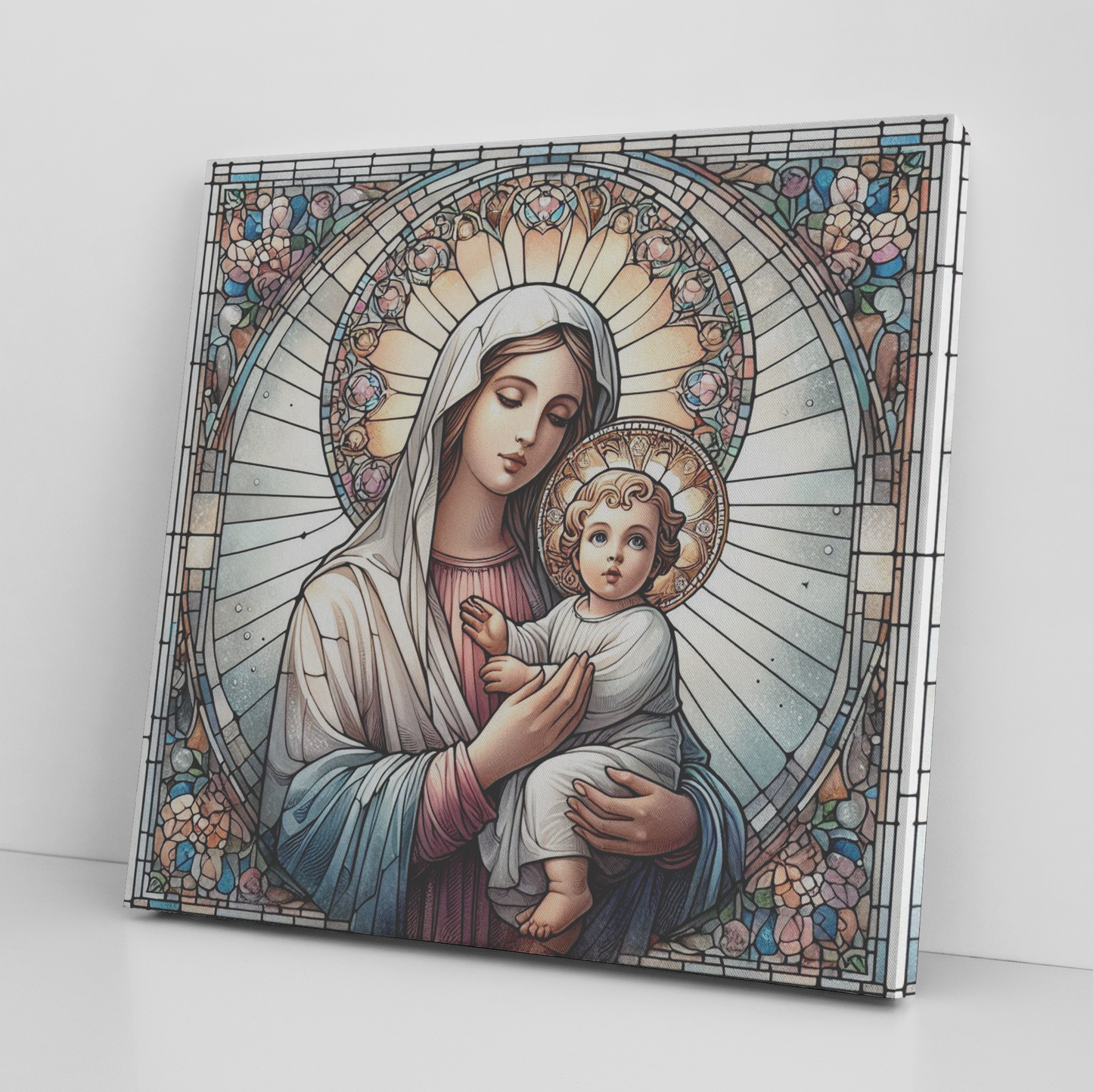 Stained Glass Style Virgin Mary Baby & Jesus Canvas