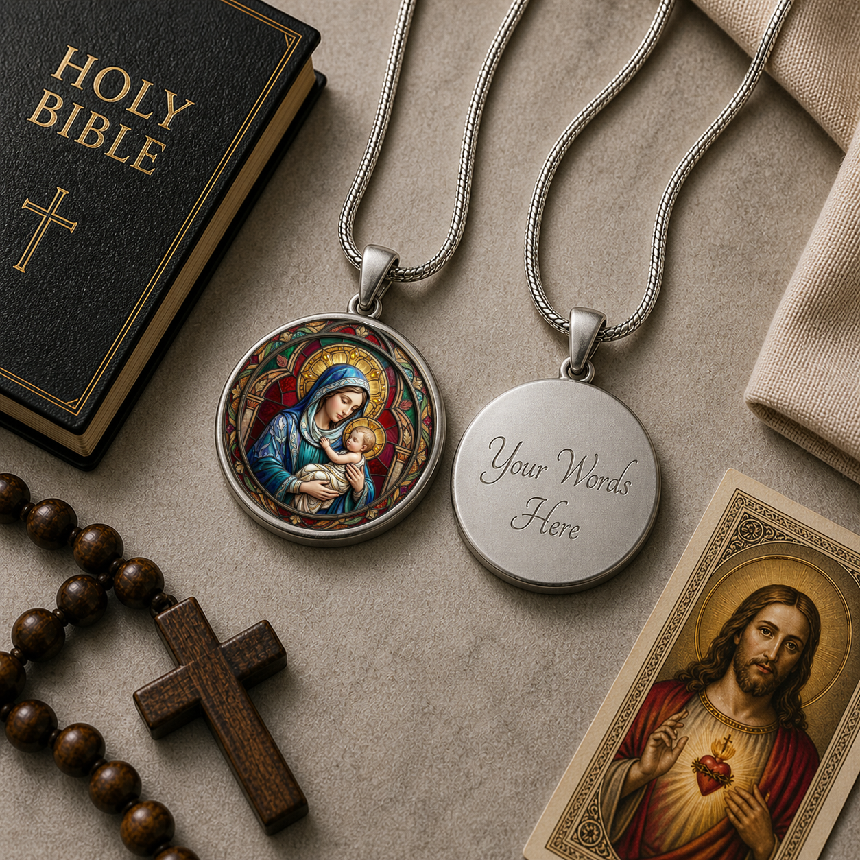 Mary and Baby Jesus Necklace or Keychain, Catholic Necklace, Virgin Mary Jewelry, Religious Keepsake Gift