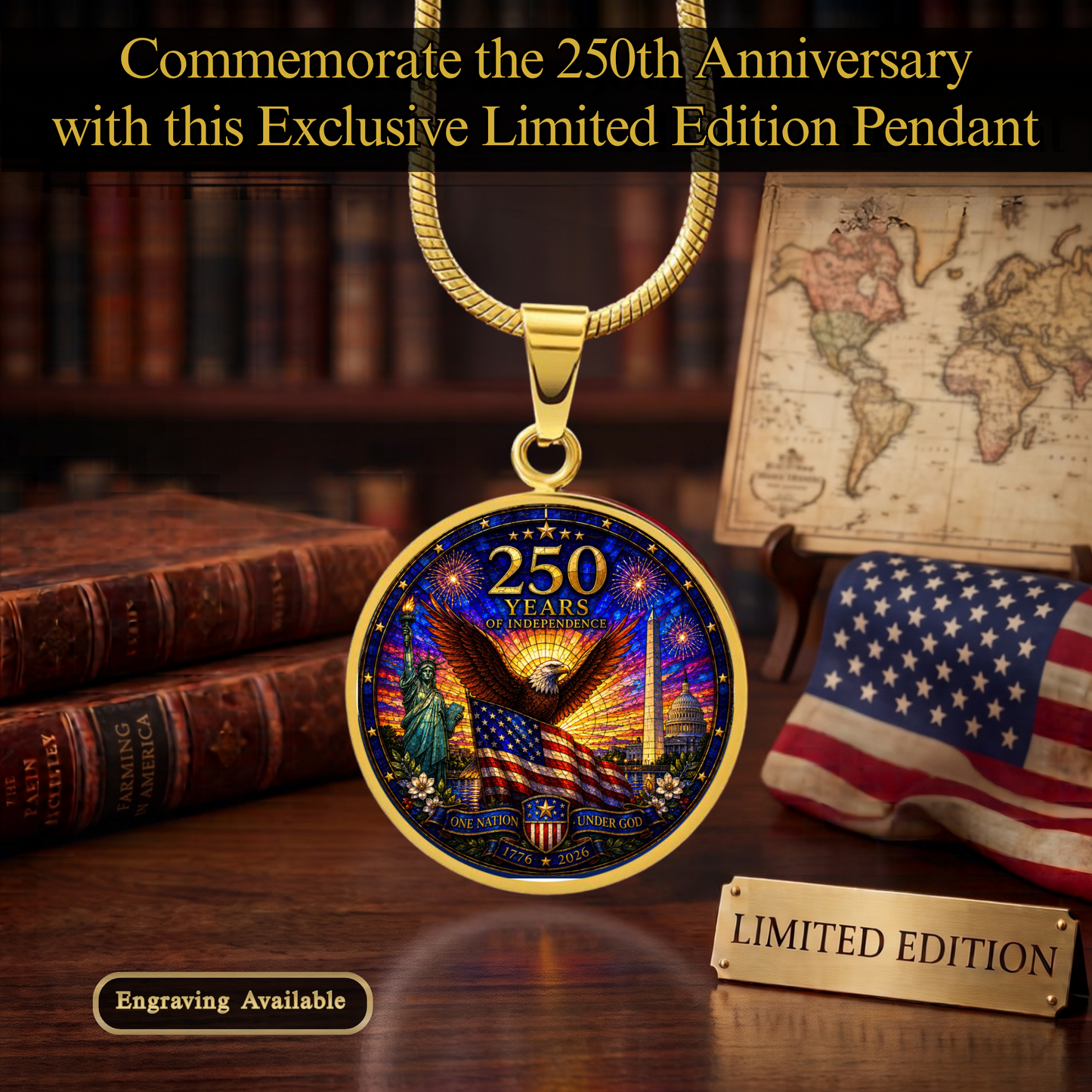250 Years of Independence Necklace or Keychain Stained Glass Style Patriotic Eagle USA Commemorative Limited Edition