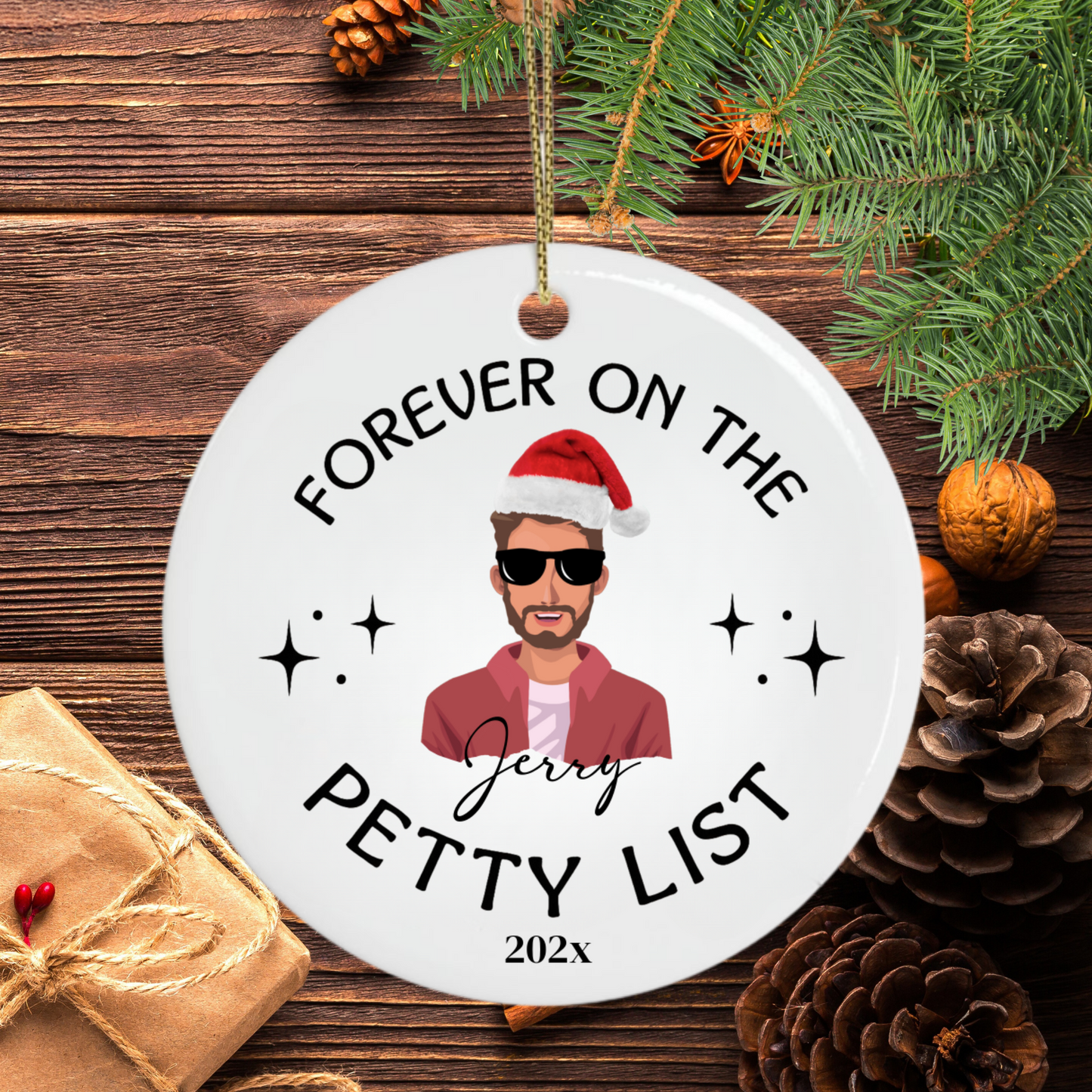 Forever on the Petty List Personalized Christmas Ornament – Funny Custom Name Ornament with Santa Hat – Holiday Gift for Friends & Family
