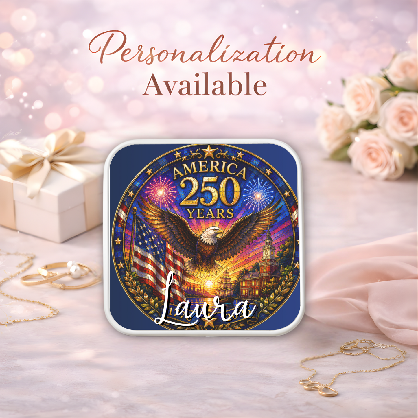 America 250 Years Necklace or Keychain Stained Glass Style Patriotic USA Eagle Commemorative Limited Edition