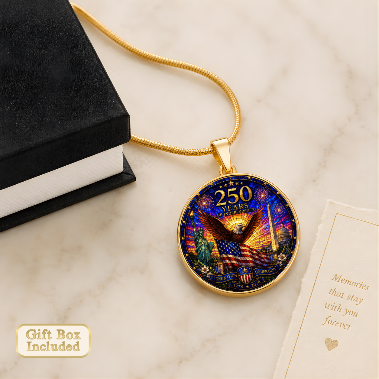 250 Years of Independence Necklace or Keychain Stained Glass Style Patriotic Eagle USA Commemorative Limited Edition
