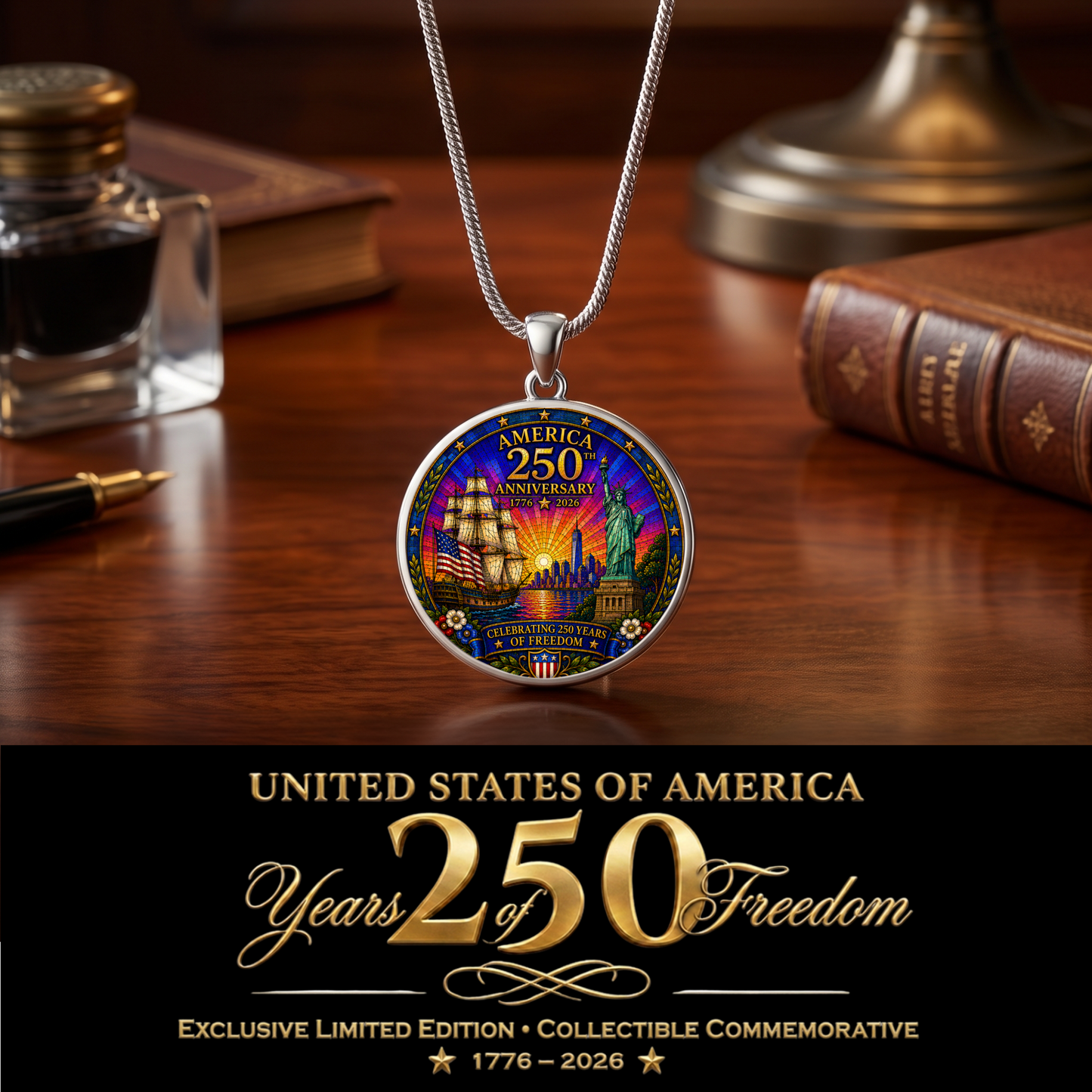America 250th Anniversary Necklace or Keychain Stained Glass Style Statue of Liberty Ship Patriotic USA Commemorative Limited Edition
