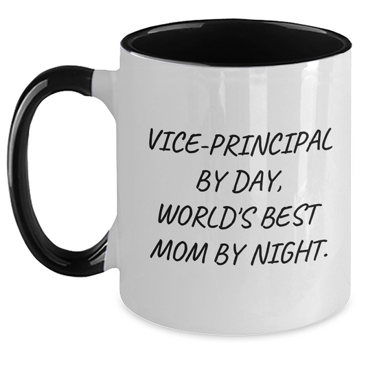 Funny Vice-Principal Gifts from Coworkers - Vice-Principal By Day, World's Best Mom By Night. Two Tone Coffee Mug, Father's Day Unique Gifts for Men - Main