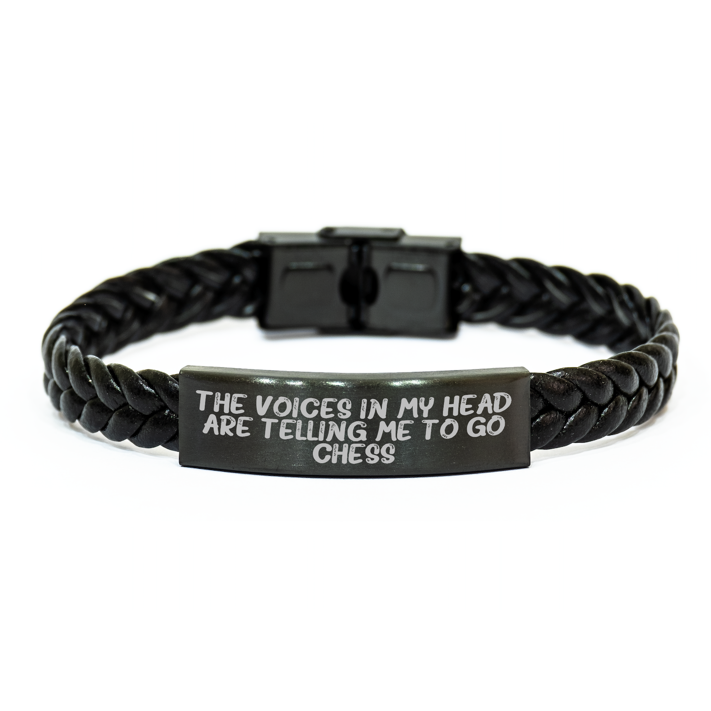 Funny Chess Gifts for Him - Interlaced Leather Bracelet with Quote 'The Voices In My Head Are Telling Me To Go Chess' from Friends, Gifts for Graduation - Image 1