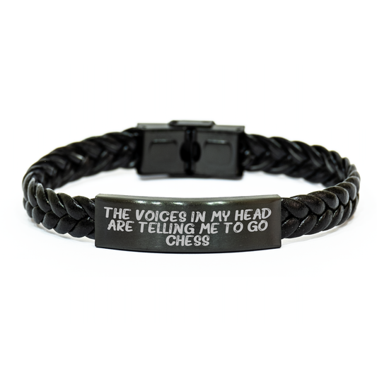 Funny Chess Gifts for Him - Interlaced Leather Bracelet with Quote 'The Voices In My Head Are Telling Me To Go Chess' from Friends, Gifts for Graduation - Image 1