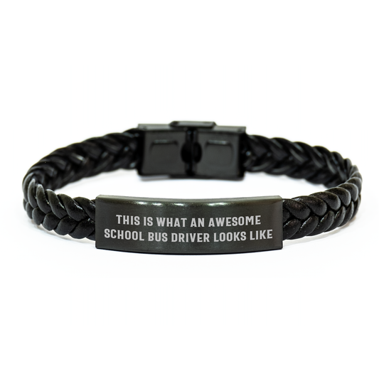 Funny School Bus Driver Gifts, 'This Is What An Awesome School Bus Driver Looks Like' Interlaced Leather Bracelet Gifts from Family to School Bus Driver, Mother's Day Unique Gifts - Image 1