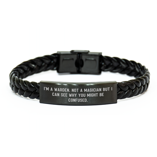 Warden Humor Gifts for Him from Friends Graduation Unique Leather Interlaced Warden Quote - Image 1
