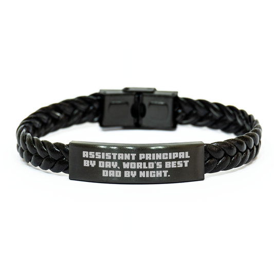 Funny Assistant Principal Gifts - 'Assistant Principal By Day, World's Best Dad By Night.' Interlaced Leather Bracelet for Graduation, Gifts from Men to Women Coworkers Family - Image 1
