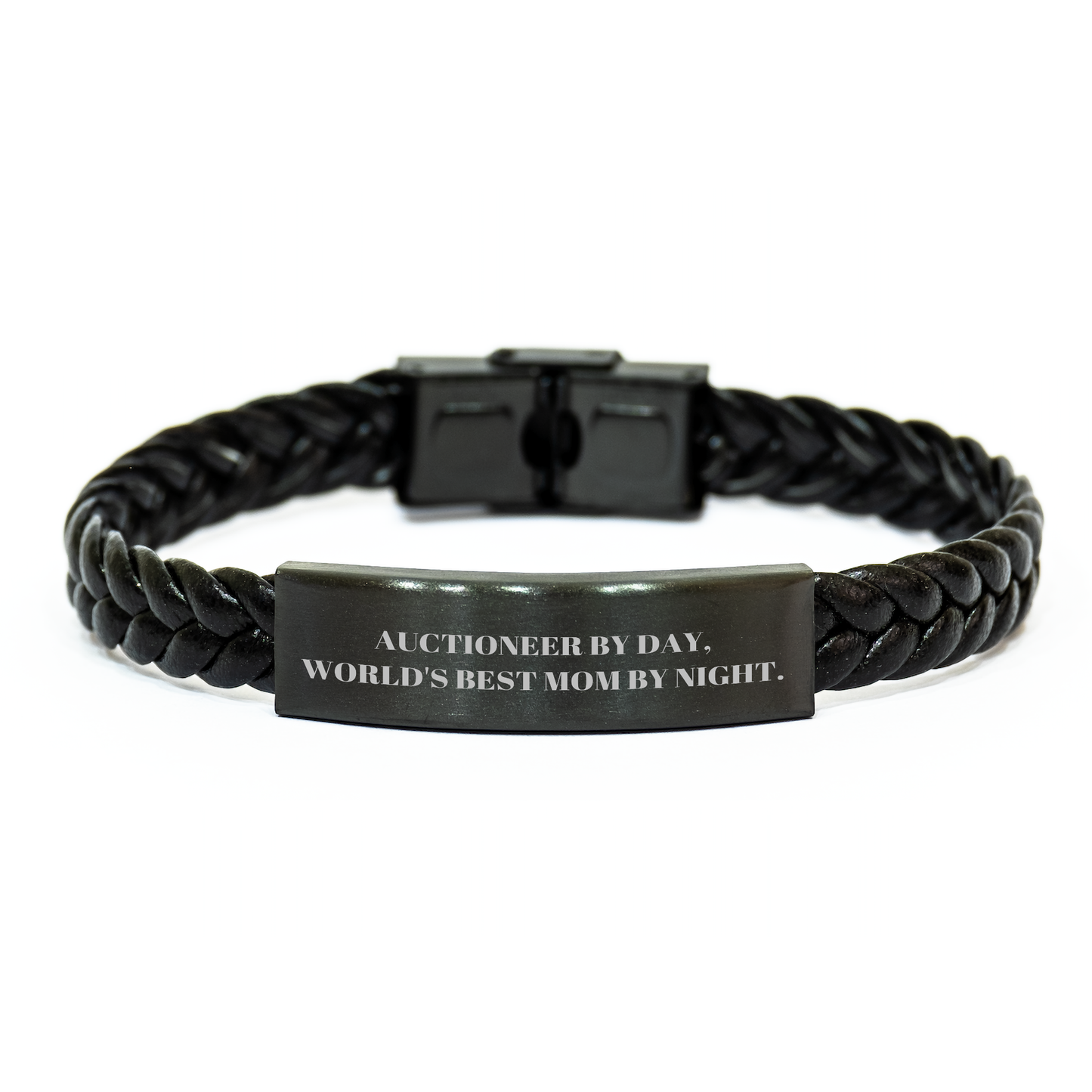 Auctioneer Gifts by Day, World's Best Dad by Night - Interlaced Leather Bracelet, Stainless Steel and PU Leather, 7.87 inches, Funny Quote, Father's Day Unique Gifts from Men to Auctioneer - Image 1