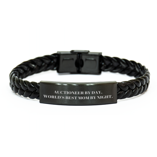 Auctioneer Gifts by Day, World's Best Dad by Night - Interlaced Leather Bracelet, Stainless Steel and PU Leather, 7.87 inches, Funny Quote, Father's Day Unique Gifts from Men to Auctioneer - Image 1