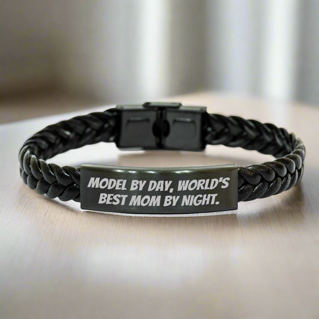Model by Day, World's Best Dad by Night - Interlaced Leather Bracelet, Funny Quote, Father's Day Unique Gifts from Men to Model - Image 1