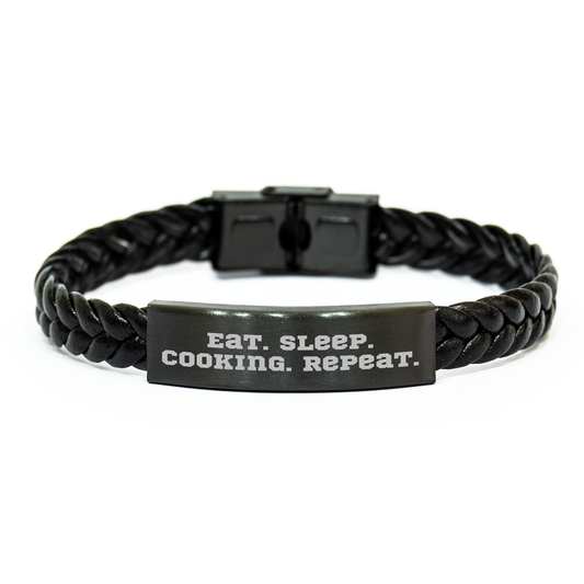 Funny Cooking Gifts for Him - Eat. Sleep. Cooking. Repeat. Interlaced Leather Bracelet for Dad's Father's Day - Image 1