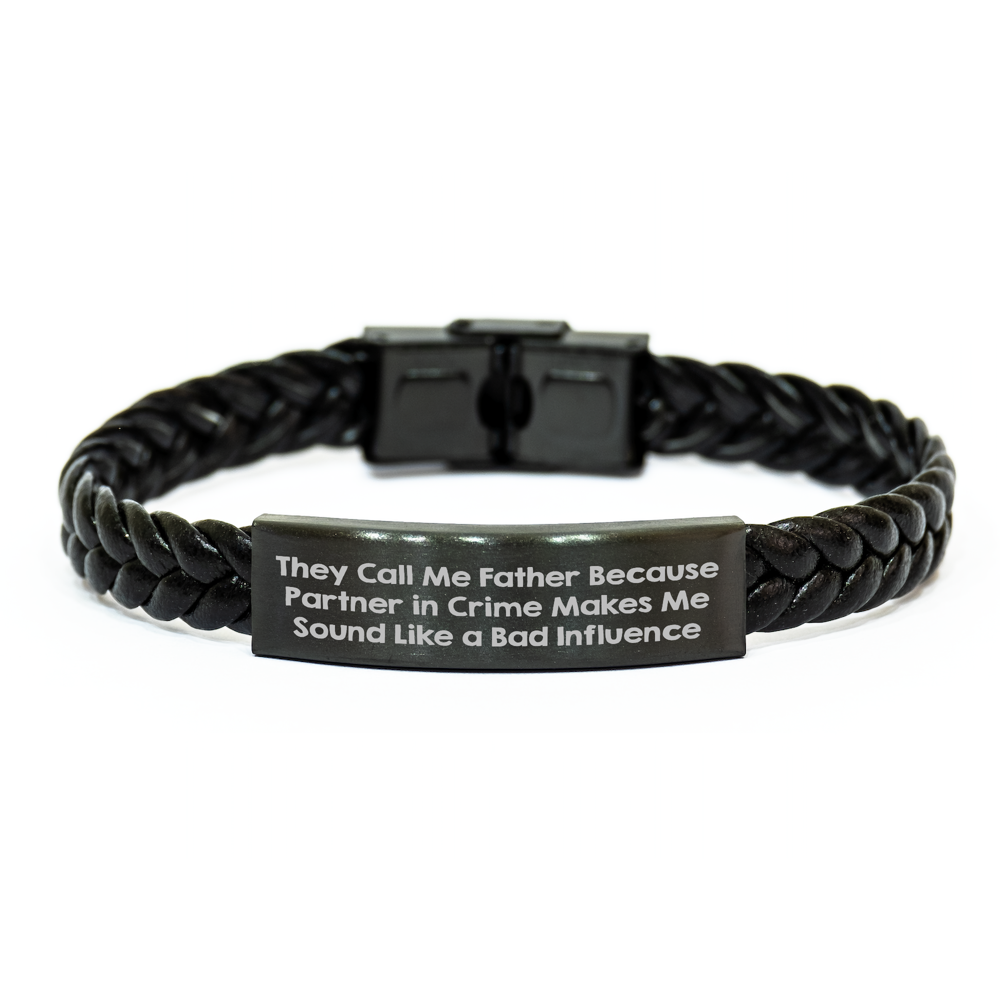 Funny Father Gifts, They Call Me Father Because Partner In Crime Makes Me Sound Like A Bad Influence, Interlaced Leather Bracelet for Dad, Men, Family on Father's Day - Image 1