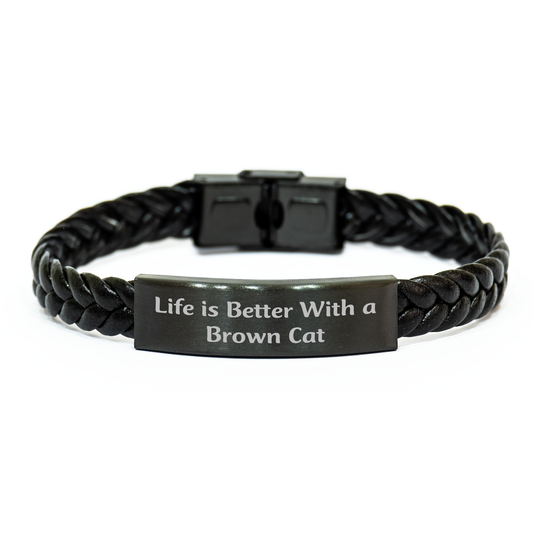 Funny Brown Cat Lover Gifts, Life Is Better With A Brown Cat Interlaced Leather Bracelet, Father's Day Unique Gifts from Men to Brown Cat Enthusiasts - Image 1
