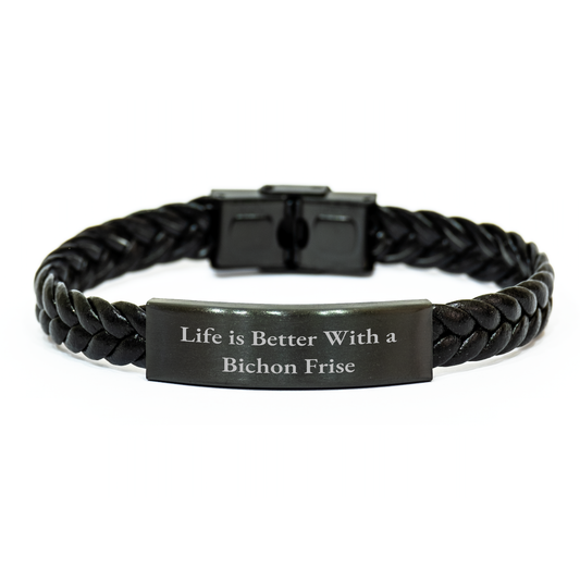 Funny Bichon Frise Dog Gifts for Men from Life Is Better With A Bichon Frise Interlaced Leather Bracelet for Father's Day - Image 1