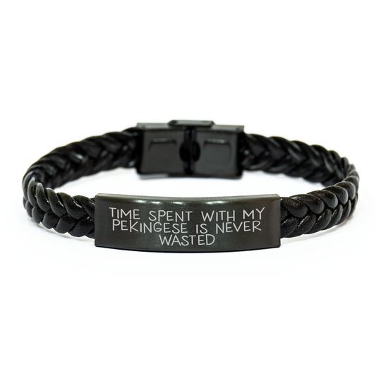 Pekingese Dog Lovers' Heartfelt Gifts, Interlaced Leather Bracelet for Men, Funny Quote Time Spent With My Pekingese Is Never Wasted, Gifts from Family, for Father's Day - Image 1