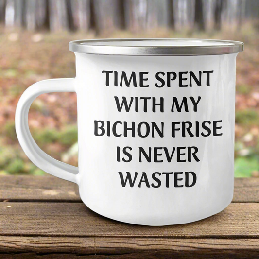 Bichon Frise Dog Camping Mug Gifts from Men to Family, 'Time Spent With My Bichon Frise Is Never Wasted' Funny Quote for Father's Day - Image 1