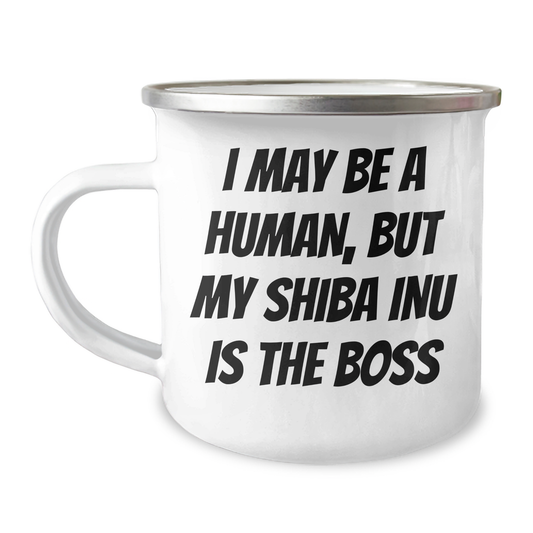 Shiba Inu Dog Funny Gifts from Men to Friends for Father's Day - 'I May Be A Human, But My Shiba Inu Is The Boss' Camping Mug - Image 1