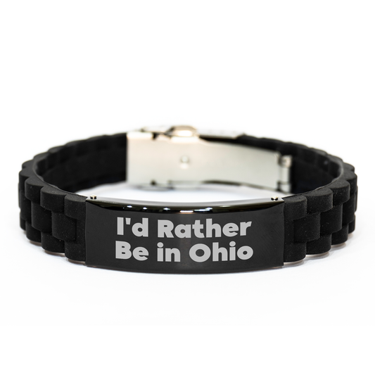 Funny Ohio Gifts, Glide lock Clasp Black Stainless Steel Silicone Bracelet, I'd Rather Be In Ohio Inspirational Quote for Graduation, Gifts from Friends for Ohio Men - Image 1