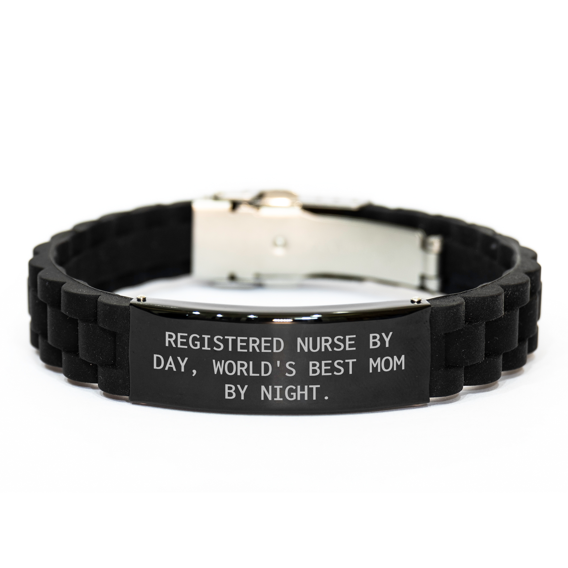 Registered Nurse Gifts, Funny Quote, Glide lock Clasp Black Stainless Steel Silicone Adjustable, Gifts from Family to Registered Nurse By Day, World's Best Mom By Night. - Image 1