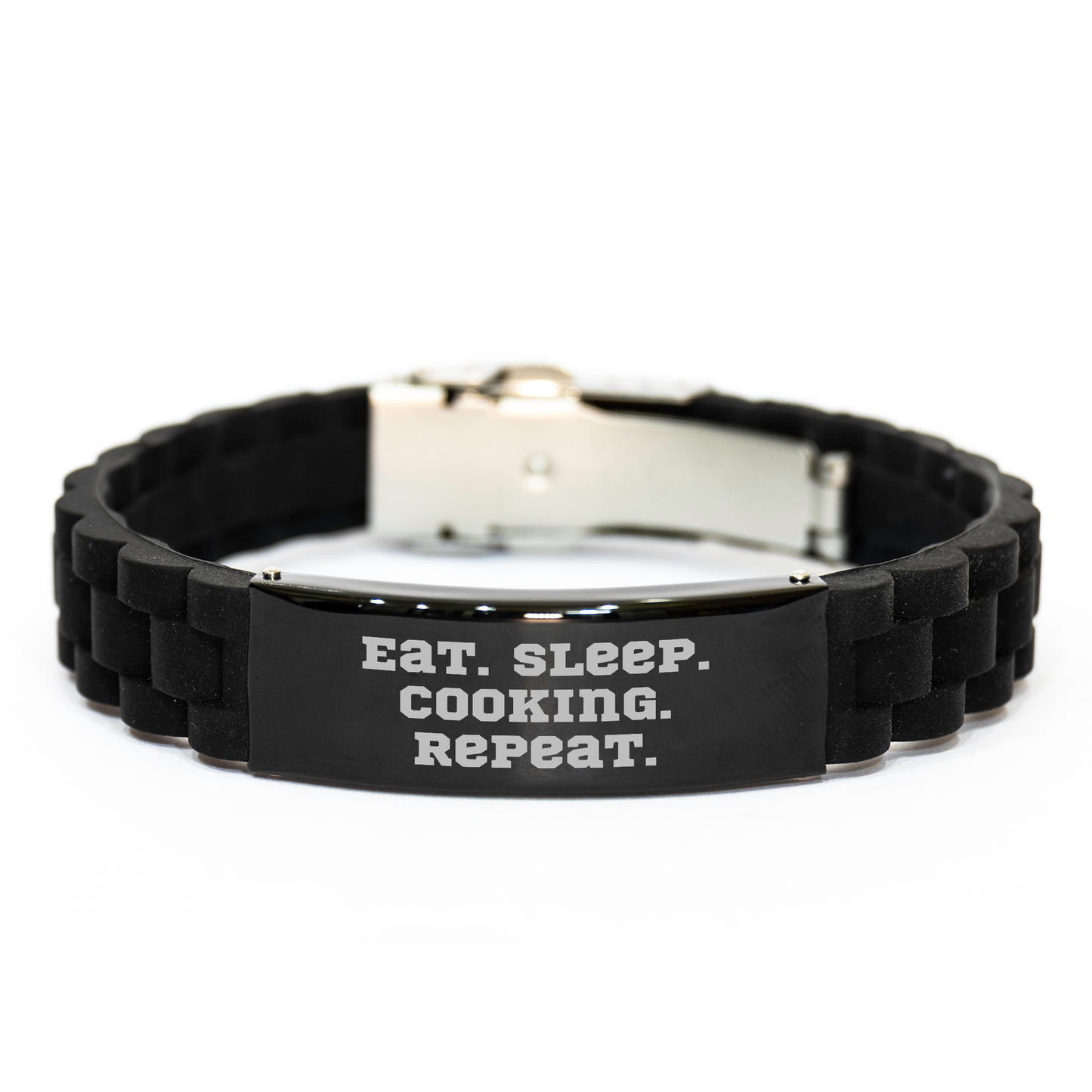 Funny Cooking Gift for Dad - Eat. Sleep. Cooking. Repeat. Adjustable Glide lock Clasp Black Stainless Steel Silicone Bracelet for Men or Friends on Father's Day - Image 1