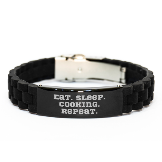 Funny Cooking Gift for Dad - Eat. Sleep. Cooking. Repeat. Adjustable Glide lock Clasp Black Stainless Steel Silicone Bracelet for Men or Friends on Father's Day - Image 1