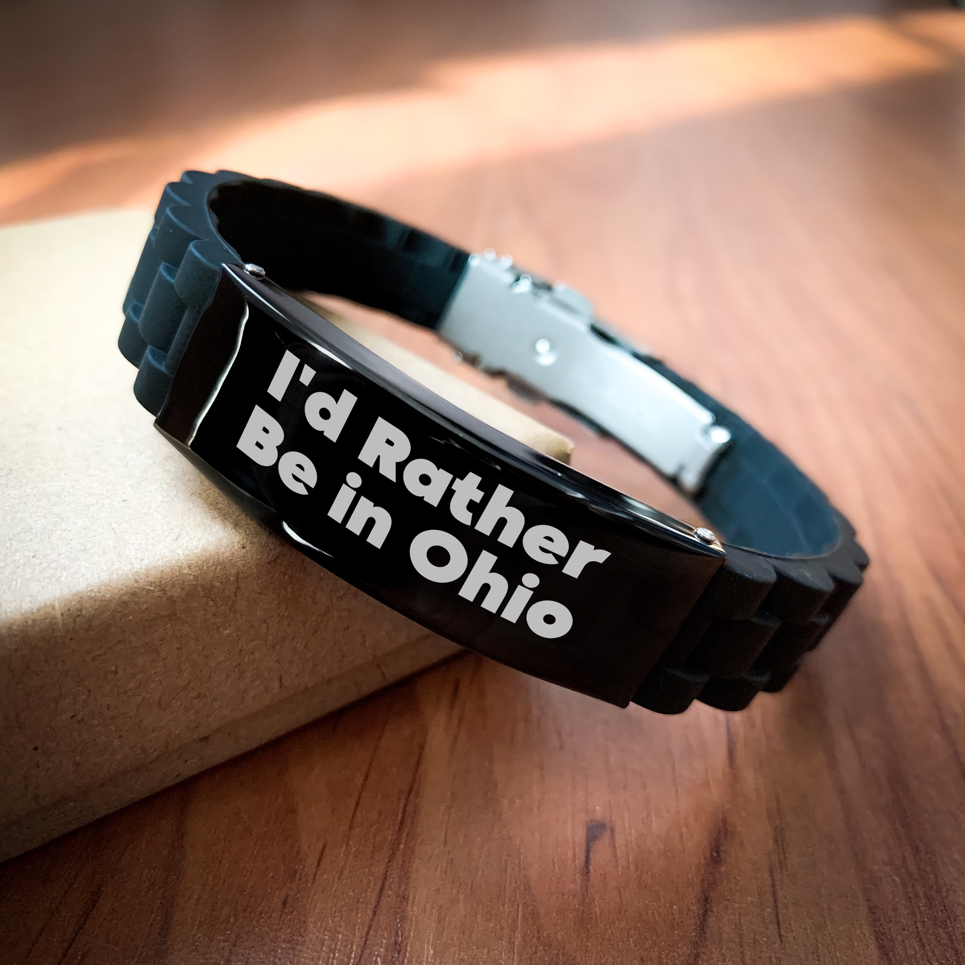 Funny Ohio Gifts, Glide lock Clasp Black Stainless Steel Silicone Bracelet, I'd Rather Be In Ohio Inspirational Quote for Graduation, Gifts from Friends for Ohio Men - Image 2