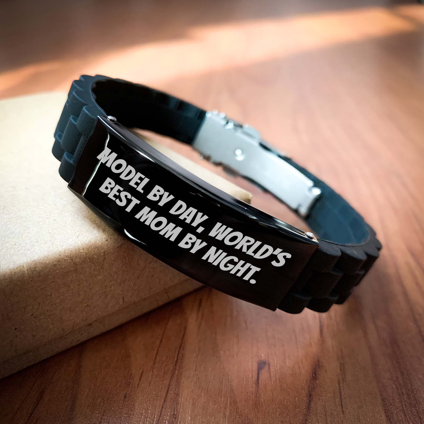 Funny Model Gifts, Model By Day, World's Best Mom By Night. Glide lock Clasp Jewelry for Father's Day, Gifts from Men to Model, Adjustable Black Silicone Stainless Steel - Image 2