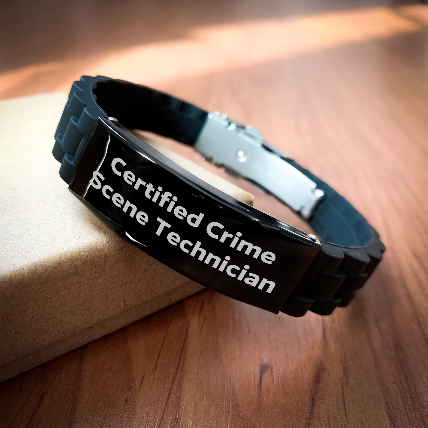Funny Crime Scene Technician Gifts from Men to Friends - Certified Crime Scene Technician Quote Glide lock Clasp Bracelet, Adjustable Black Stainless Steel & Silicone, Father's Day Unique Gifts - Image 2
