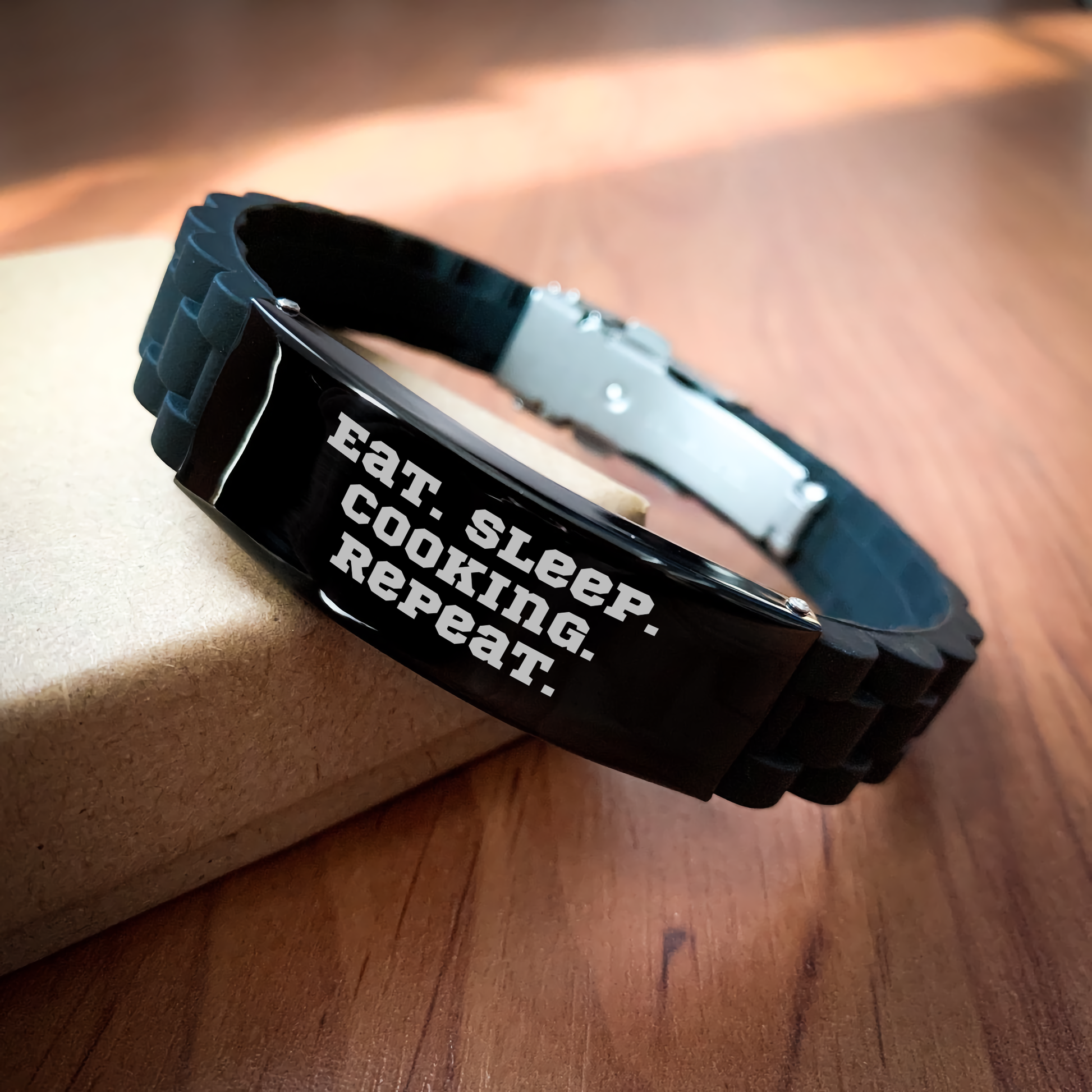 Funny Cooking Gift for Dad - Eat. Sleep. Cooking. Repeat. Adjustable Glide lock Clasp Black Stainless Steel Silicone Bracelet for Men or Friends on Father's Day - Image 2