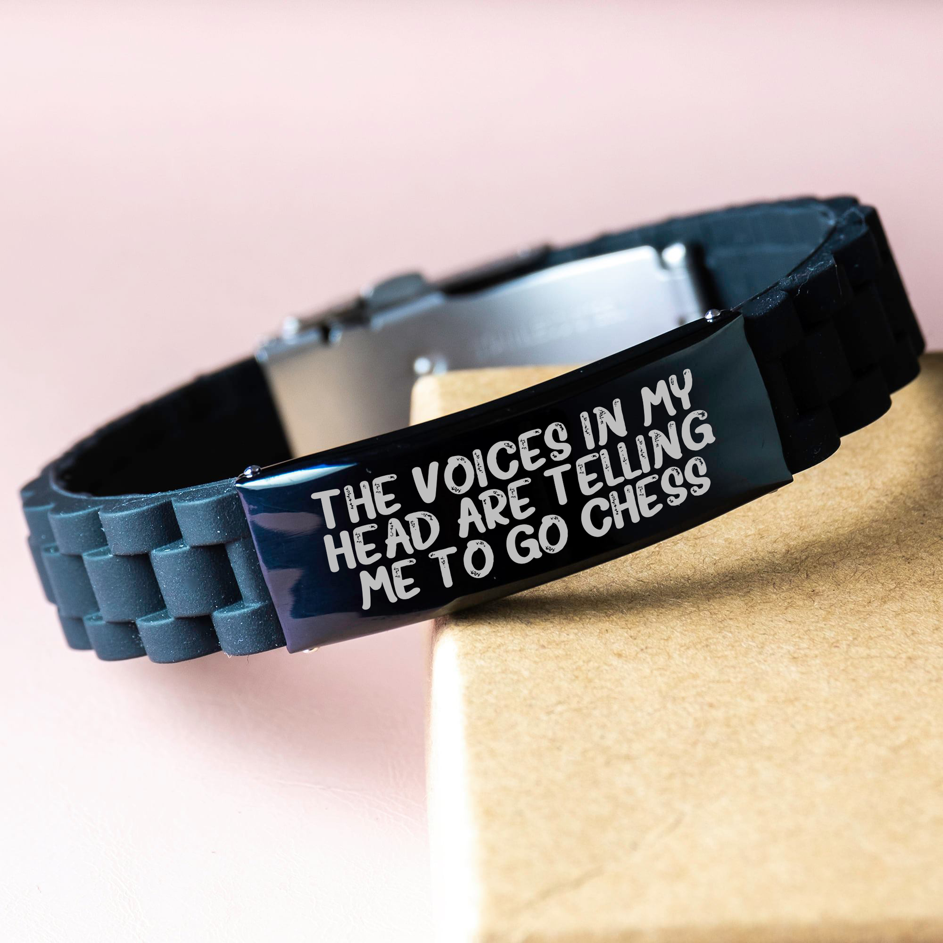 Funny Chess Gifts for Men from Friends - Glide lock Clasp Black Stainless Steel Silicone Adjustable Watch Bead - The Voices In My Head Are Telling Me To Go Chess Birthday Graduation - Image 3