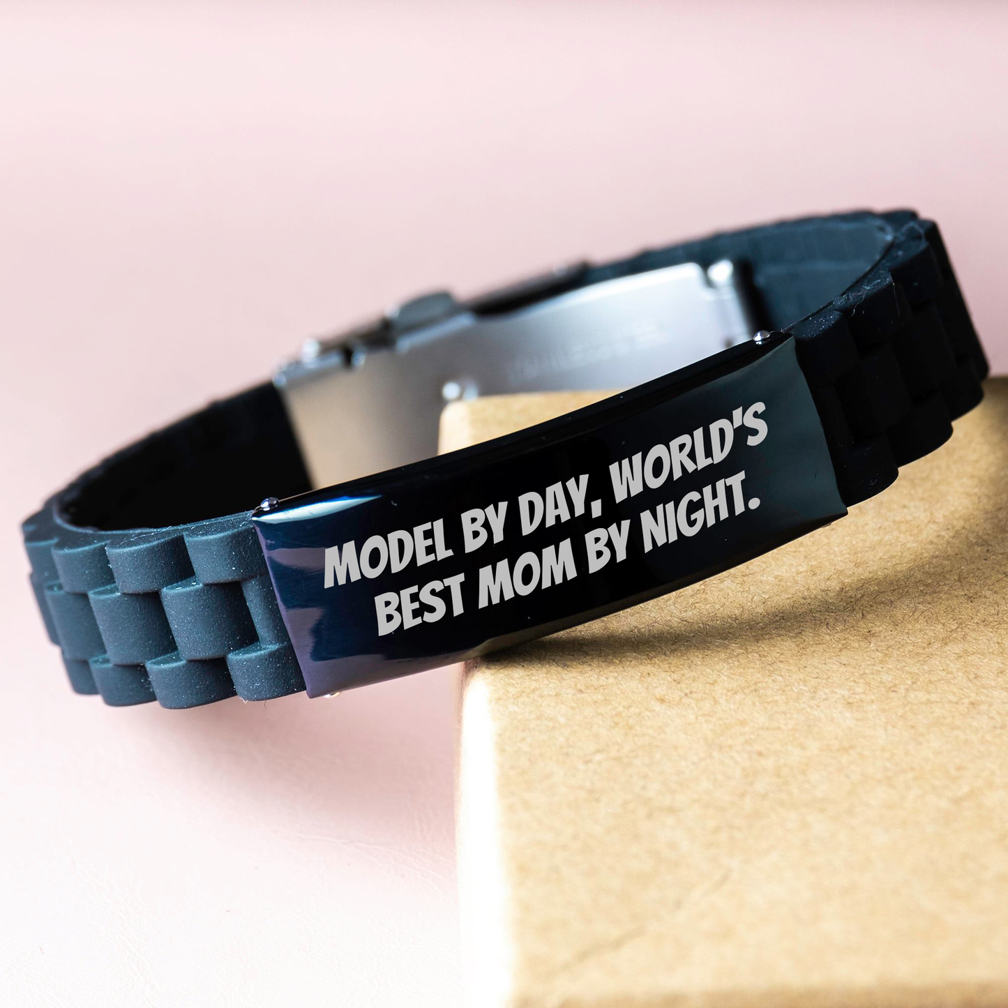 Funny Model Gifts, Model By Day, World's Best Mom By Night. Glide lock Clasp Jewelry for Father's Day, Gifts from Men to Model, Adjustable Black Silicone Stainless Steel - Image 3
