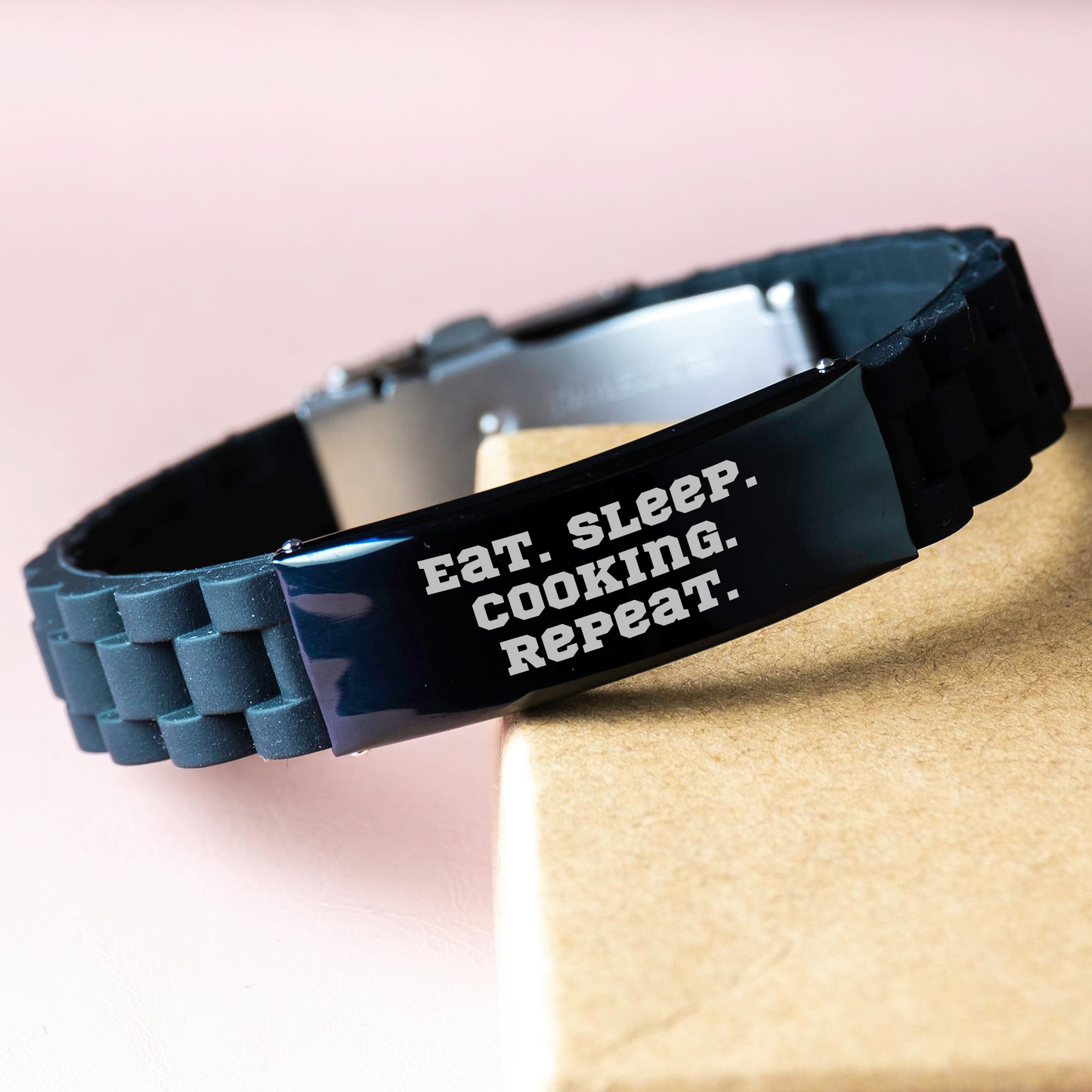 Funny Cooking Gift for Dad - Eat. Sleep. Cooking. Repeat. Adjustable Glide lock Clasp Black Stainless Steel Silicone Bracelet for Men or Friends on Father's Day - Image 3