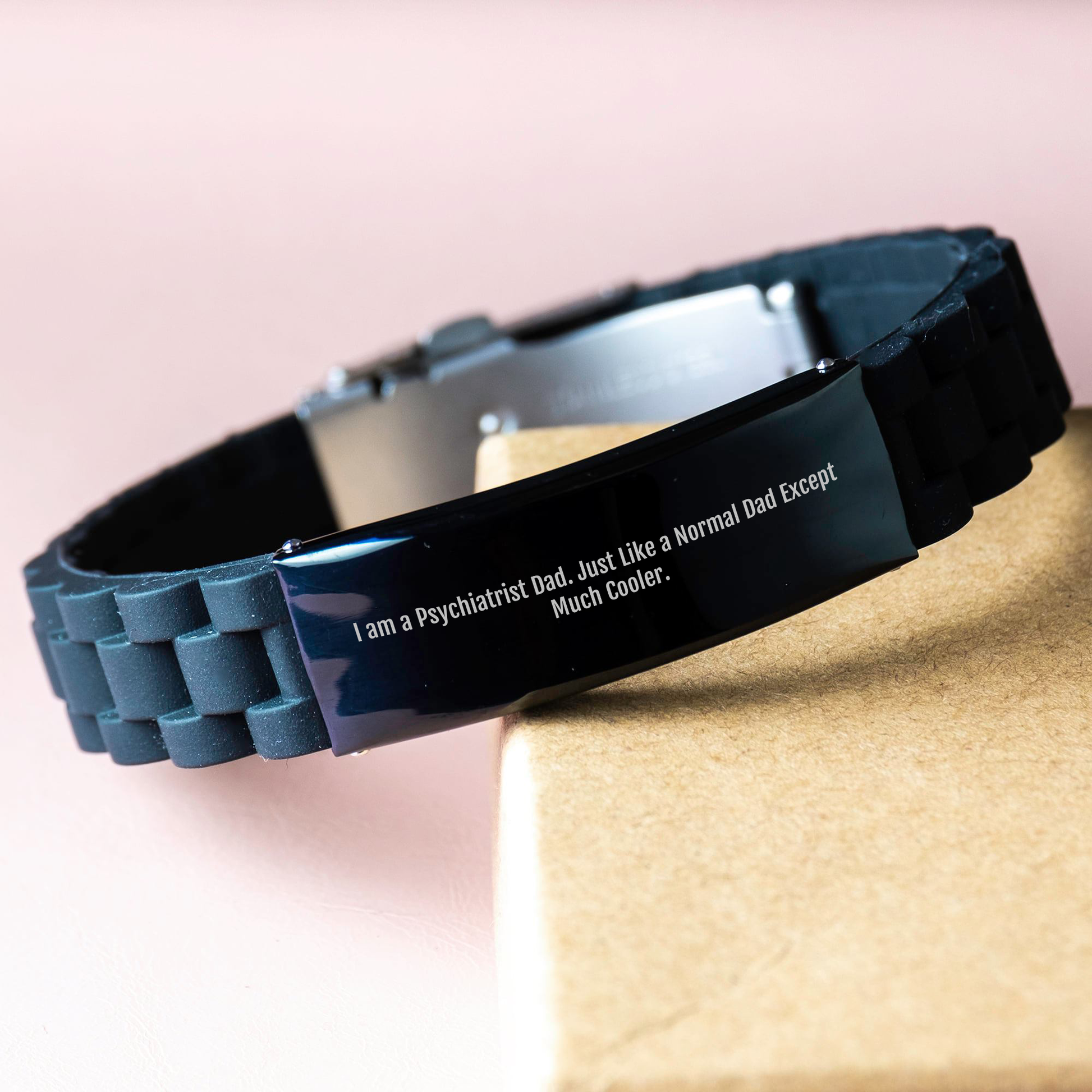 Funny Psychiatrist Gifts for Mother's Day - Glide lock Clasp Adjustable Black Stainless Steel Silicone Men's Jewelry from Dad - 'I Am A Psychiatrist Dad. Just Like A Normal Dad Except Much Cooler.' - Image 3