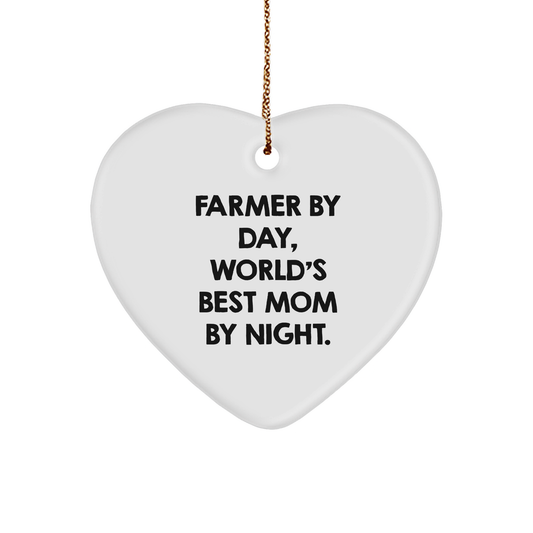 Farmer Gifts from Heart, Funny Quotes for Christmas, Heart Ornament for Farmer By Day, World's Best Mom By Night Gifts for Family - Image 1