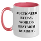 Auctioneer Humor Gifts for Dad Two-Tone Coffee Mug - Funny Quote by Day, World's Best Mom By Night. - Main
