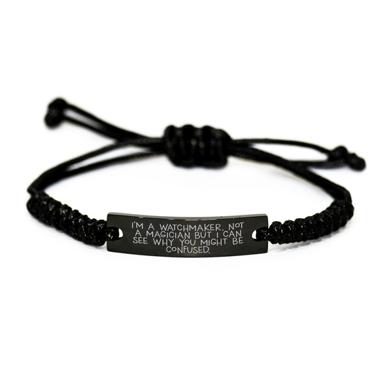 Watchmaker Gifts from Friends to Watchmaker, Inspirational Rope Bracelet for Graduation, 'I'm A Watchmaker, Not A Magician' Quote, Black Stainless Steel with Interlaced Rope, Adjustable, Organza Bag - Image 1