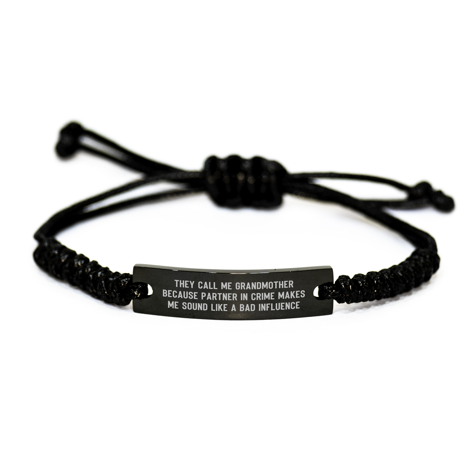 Grandmother's Partner in Crime Rope Bracelet, Funny Gift for Her Graduation, Gifts from Family to Grandmother, Adjustable Black Rope with Stainless Steel Engraving - Image 1