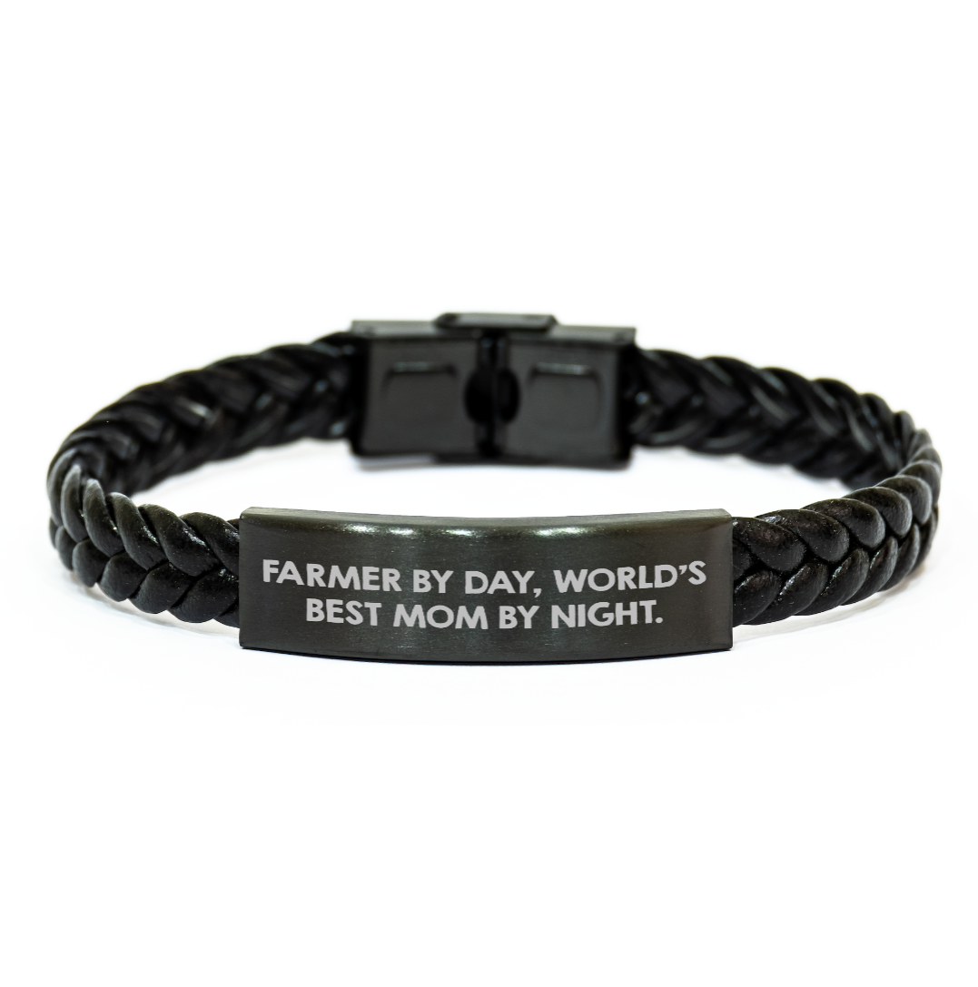 Farmer by Day, World's Best Mom by Night - Interlaced Leather Bracelet, Gifts from Men to Farmers, Unique Gifts