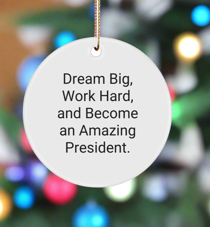 Inspirational President Gifts from Friends - Dream Big, Work Hard Circle Ornament for Him or Her, Funny White Christmas Ornament