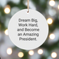 Inspirational President Gifts from Friends - Dream Big, Work Hard Circle Ornament for Him or Her, Funny White Christmas Ornament