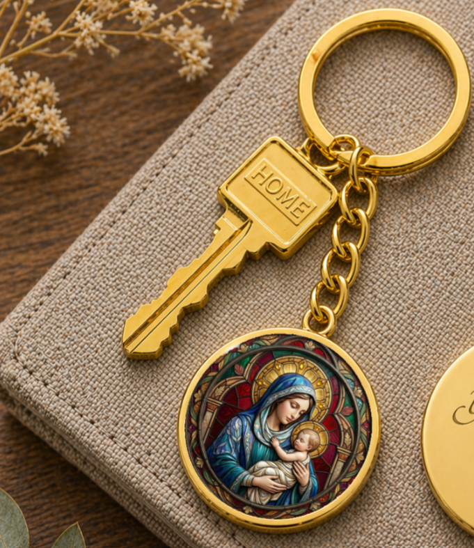 Mary and Baby Jesus Necklace or Keychain, Catholic Necklace, Virgin Mary Jewelry, Religious Keepsake Gift